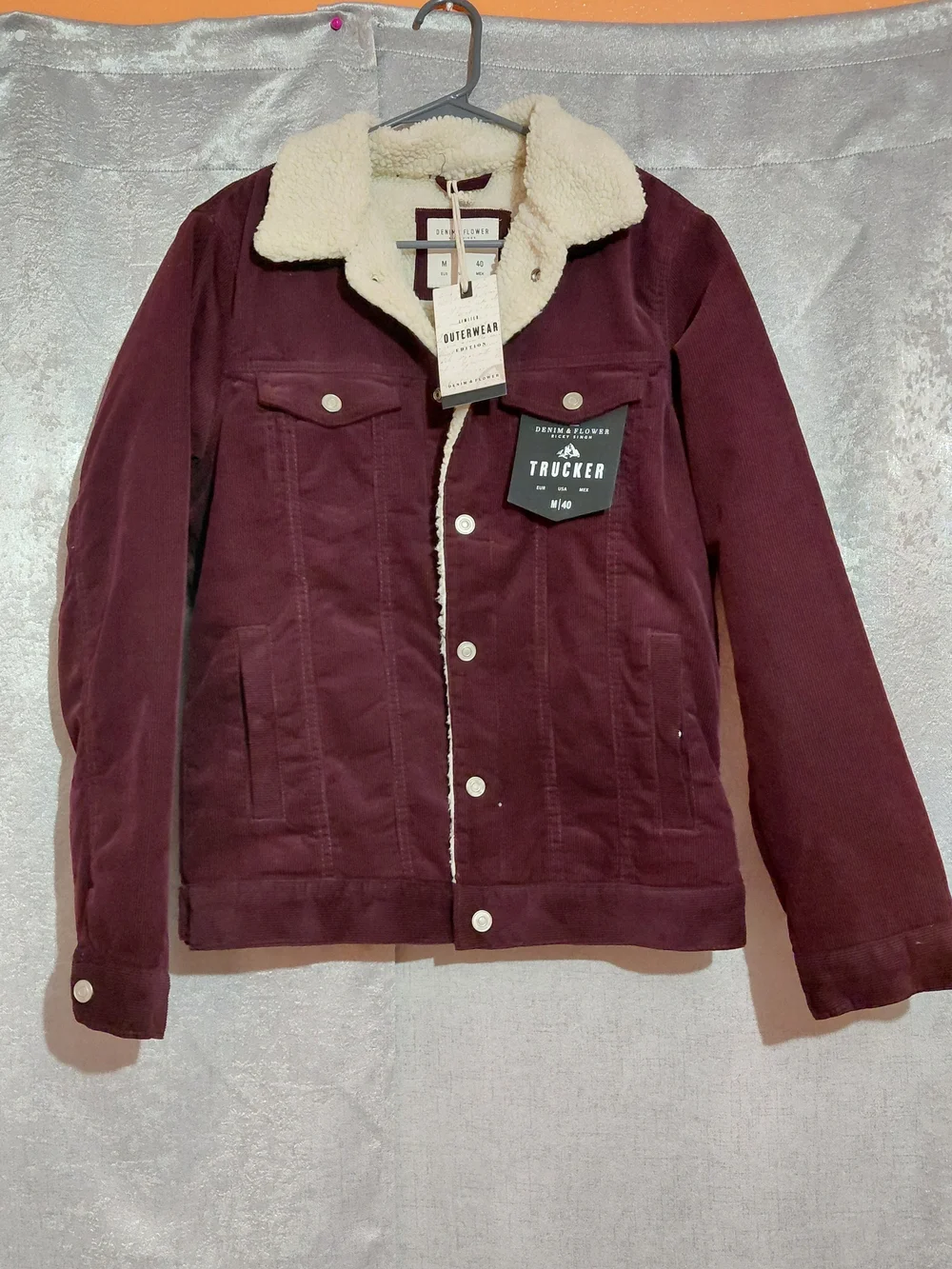 DENIM & FLOWER Men's Corduroy Burgundy Trucker Jacket Shepa Lined NWT SZ MEDIUM